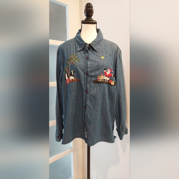 WHITE STAG PLUS Tops - White Stag Blue Blouse with Colorful Embroidery